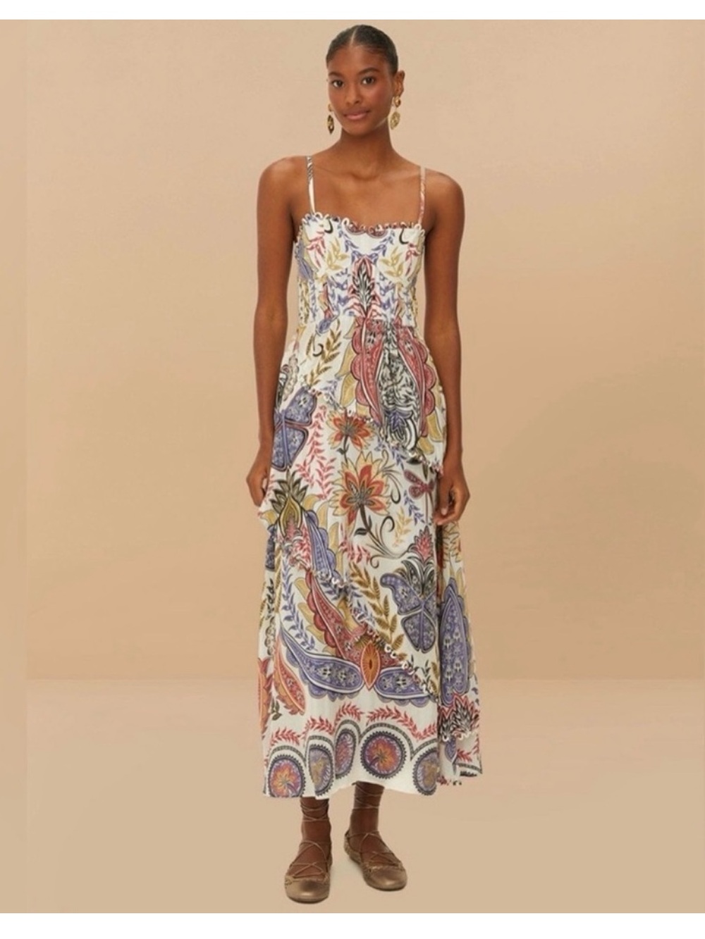 FARM Rio White Paisley Maxi Dress with Blue and Red Accents